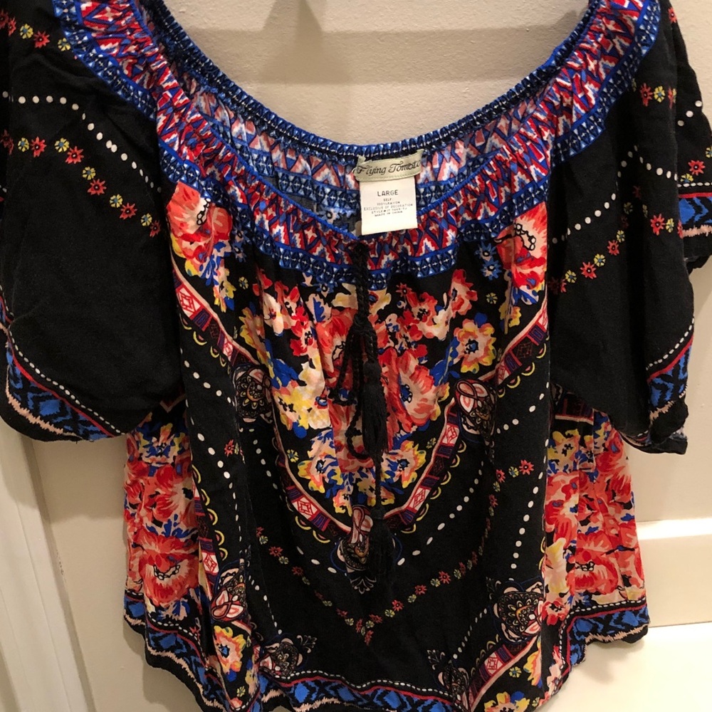 Flying Tomato Black Floral Off-Shoulder Peasant Blouse with Blue Trim